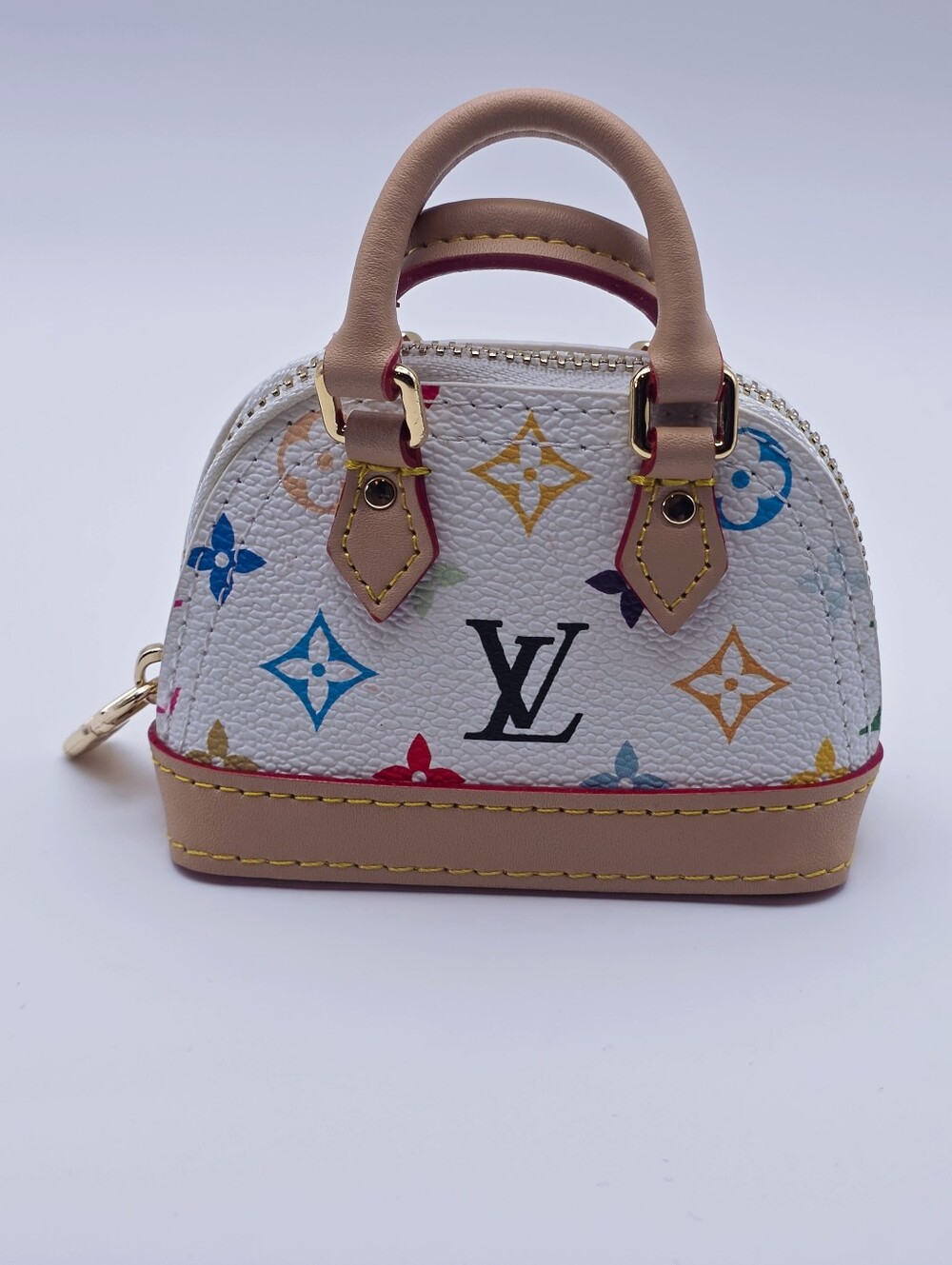 Stylish Upcycled White and Tan Designer Mini Bag Keychain
